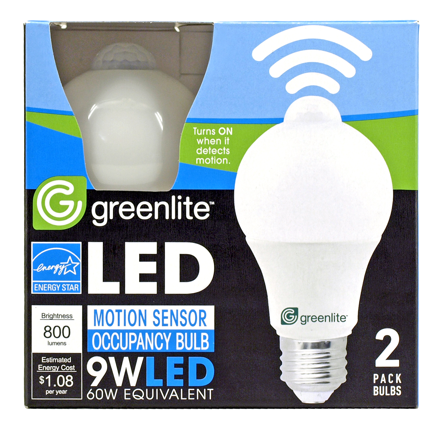 A19 Motion Sensor LED Light Bulb 800 Lumens Greenlite