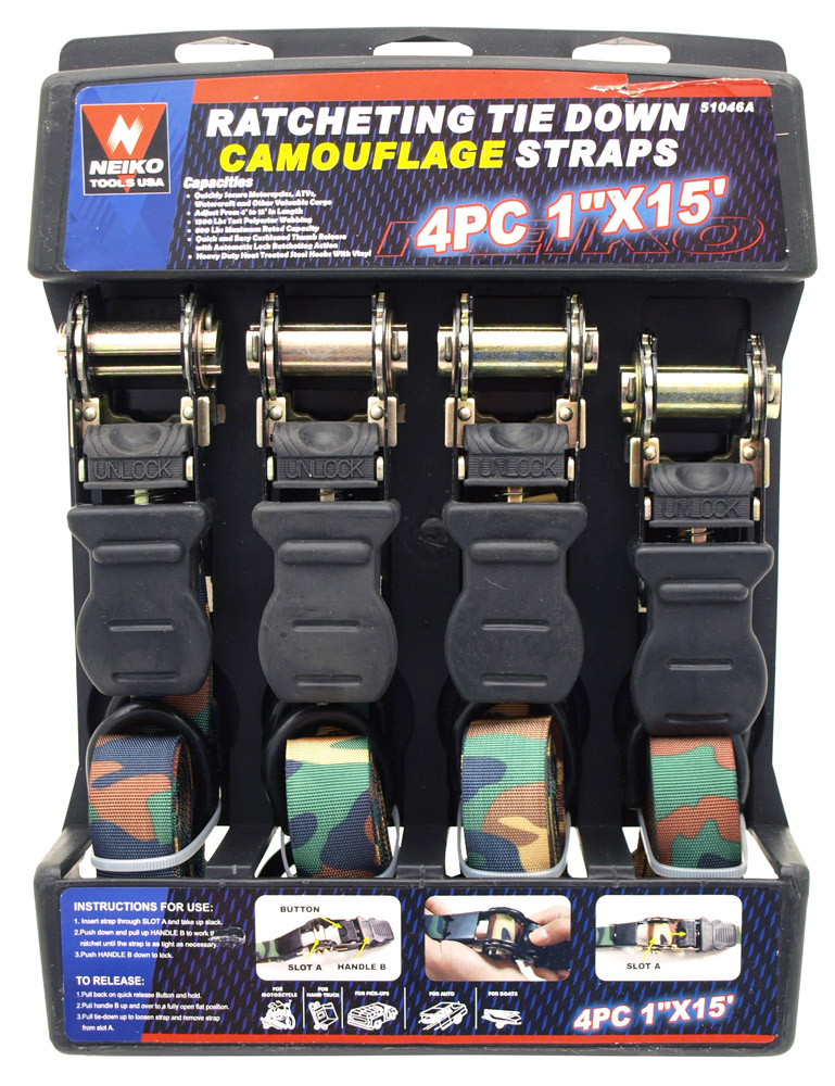 4pc. 1" x 15' Ratcheting Tie Down Straps Camouflage