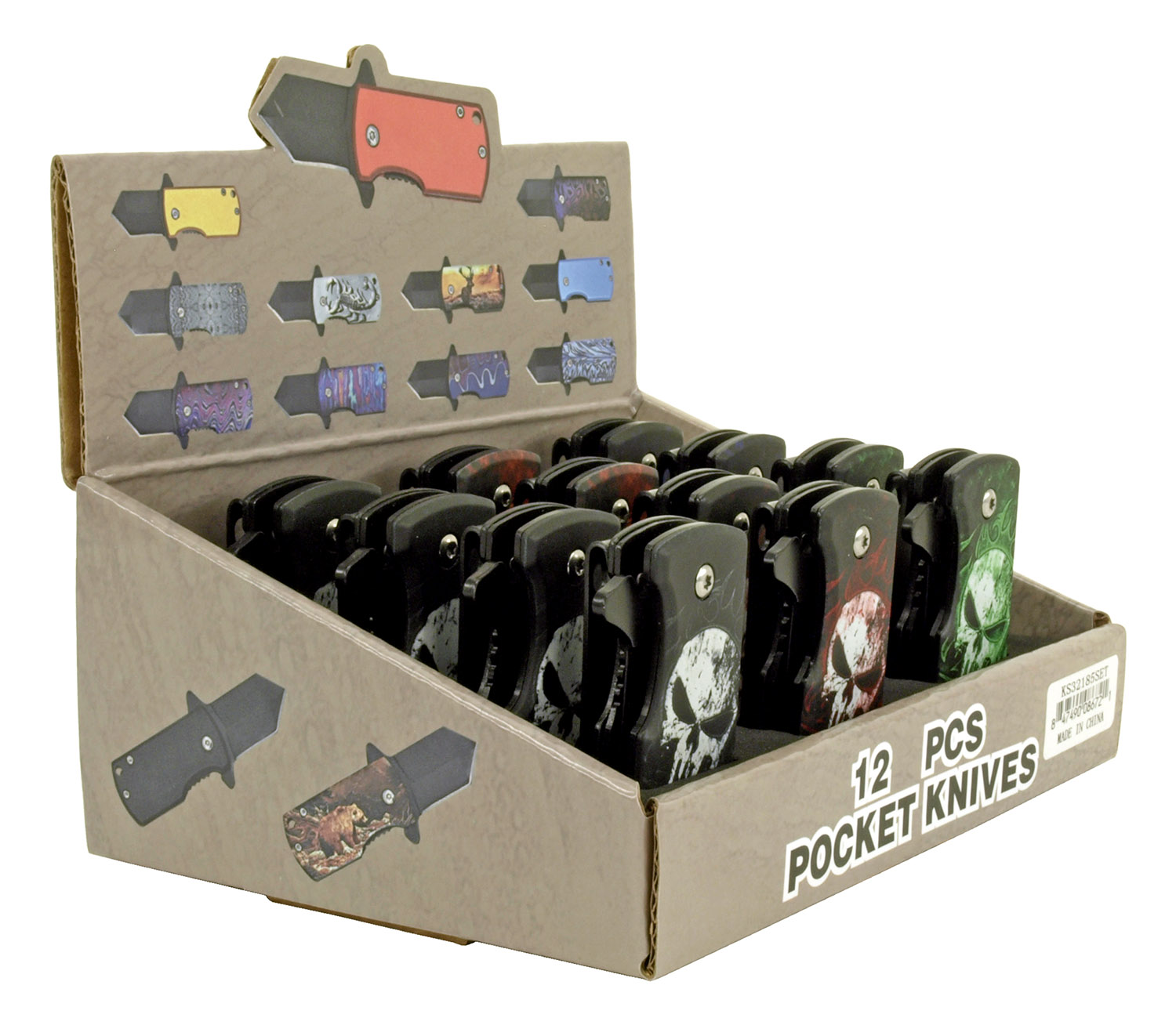 12 pc. Folding Knife Countertop Display Skull