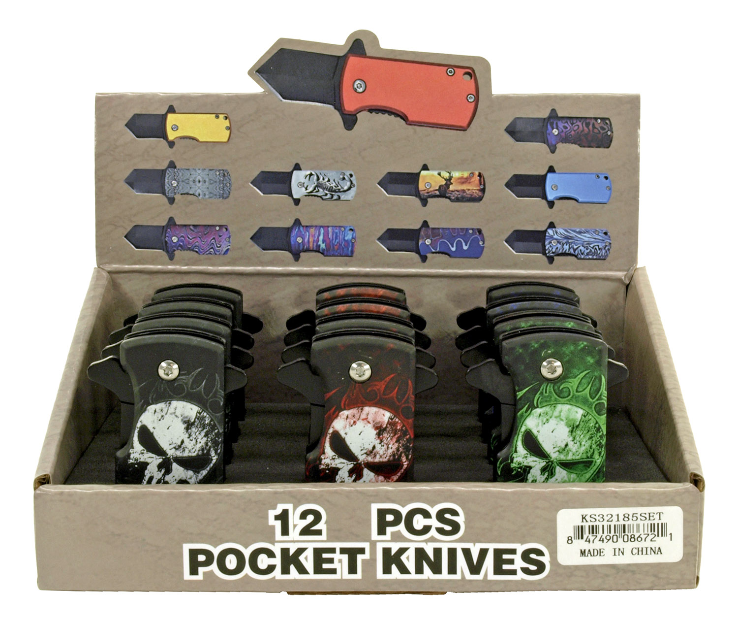 12 pc. Folding Knife Countertop Display Skull