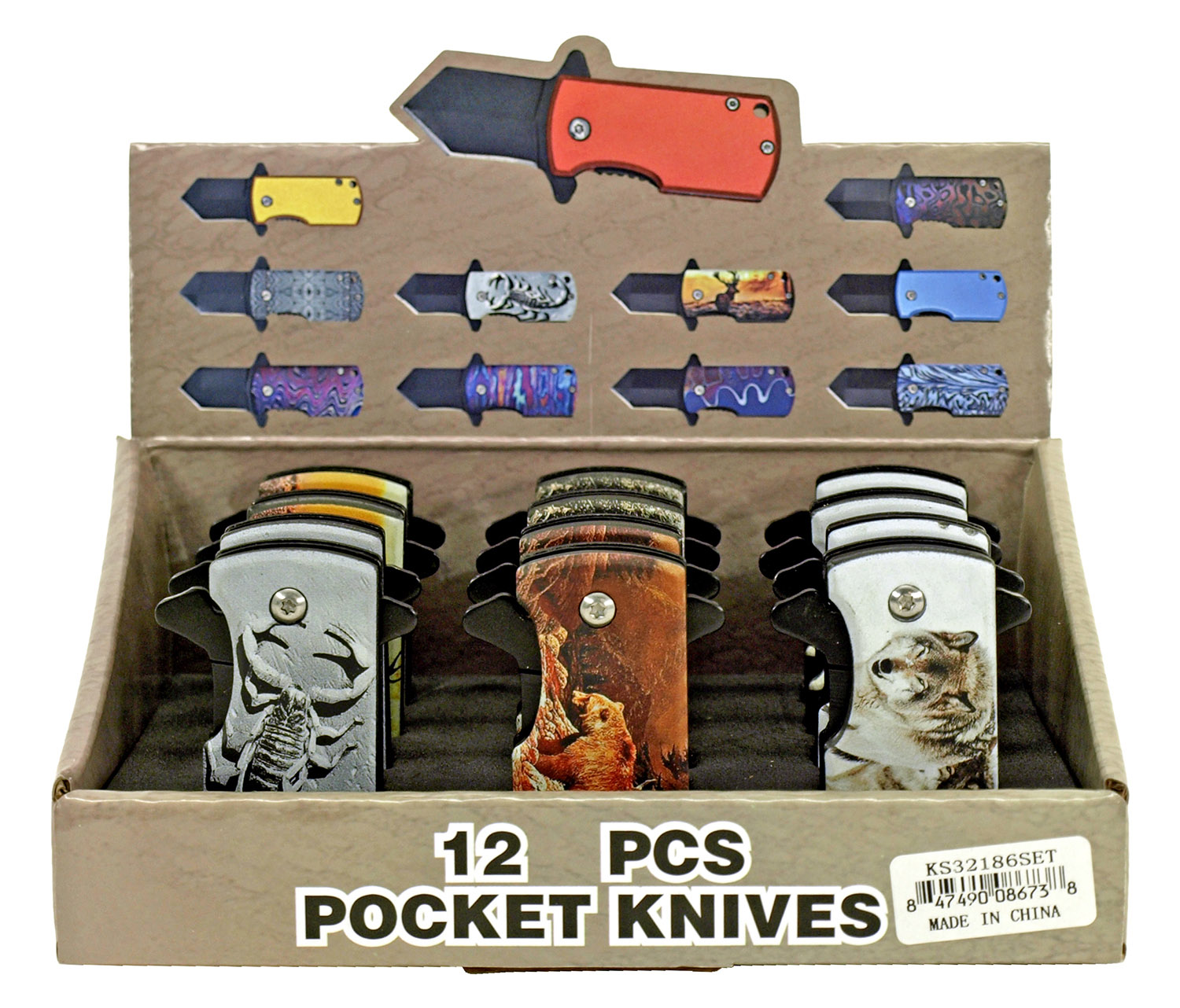 12 pc. Folding Knife Countertop Display Wild Animals