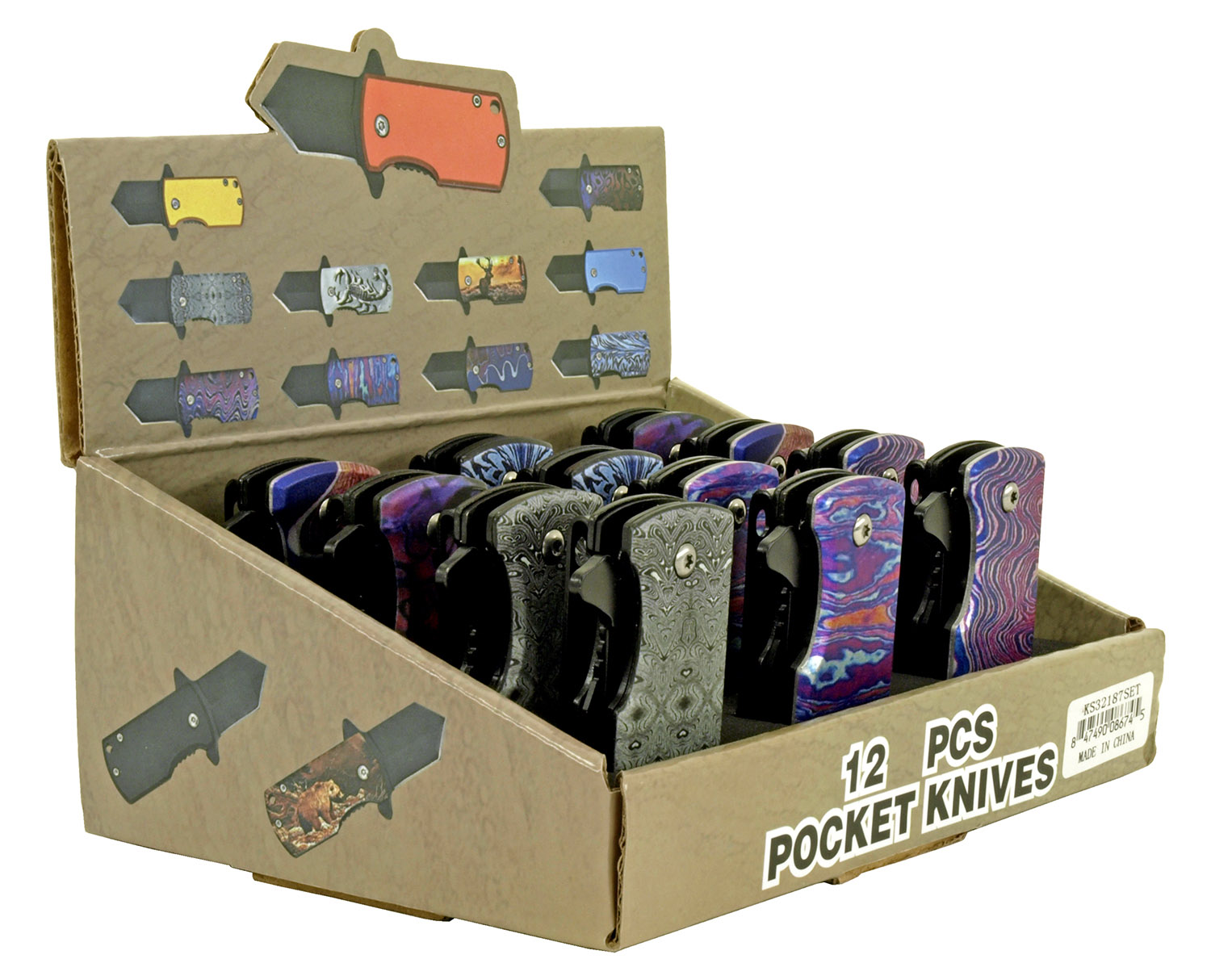 12 pc. Folding Knife Countertop Display Multicolor
