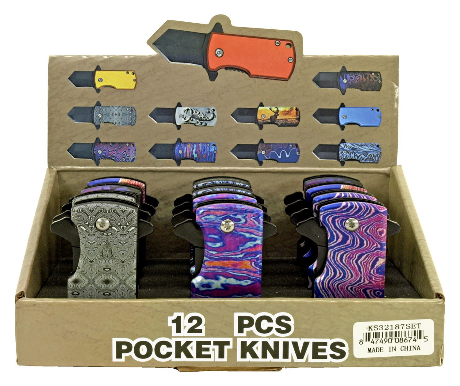 12 pc. Folding Knife Countertop Display Multicolor