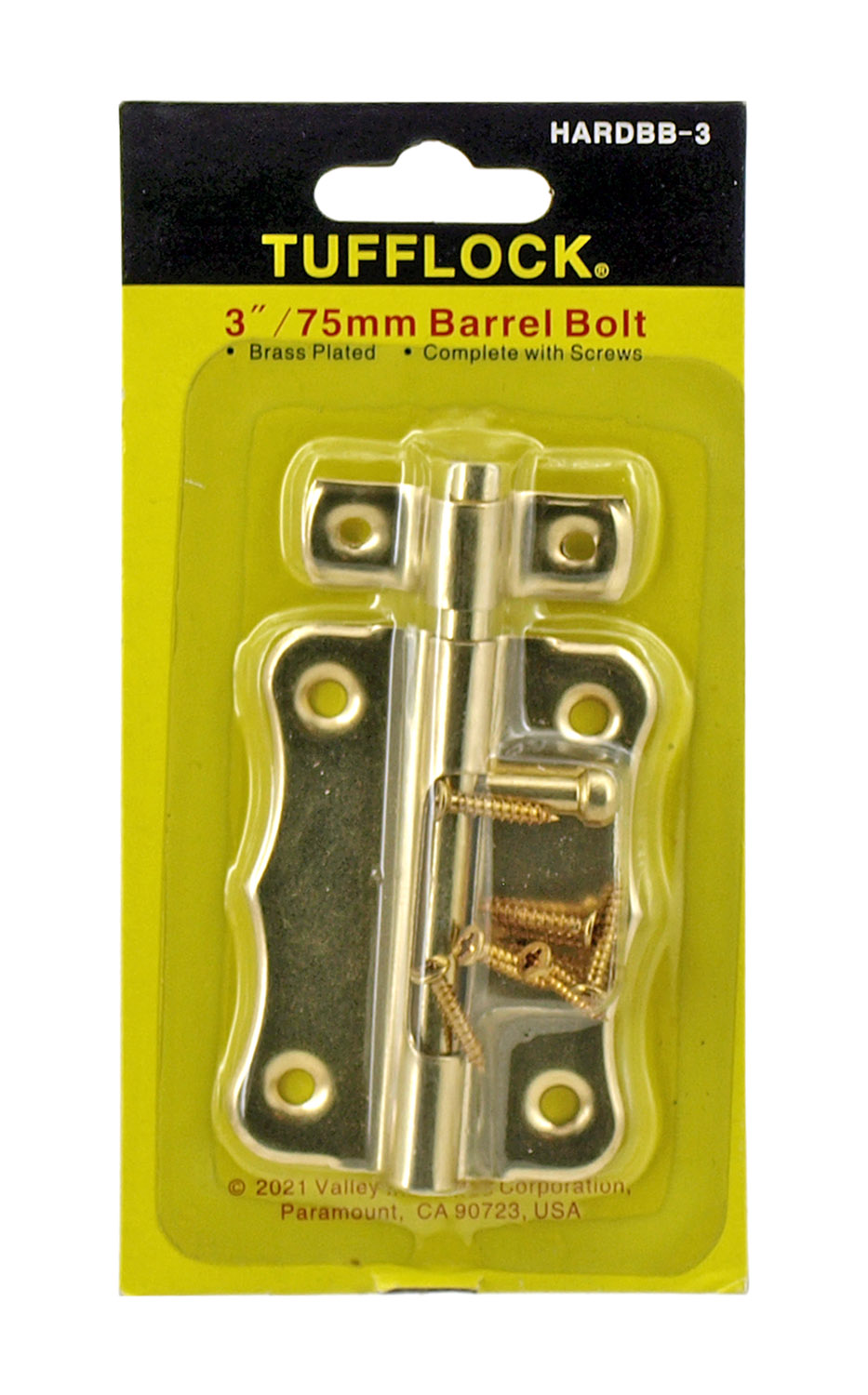 3" Tufflock Brass Plated Barrel Bolt Hardware Valley Industries HARDBB3