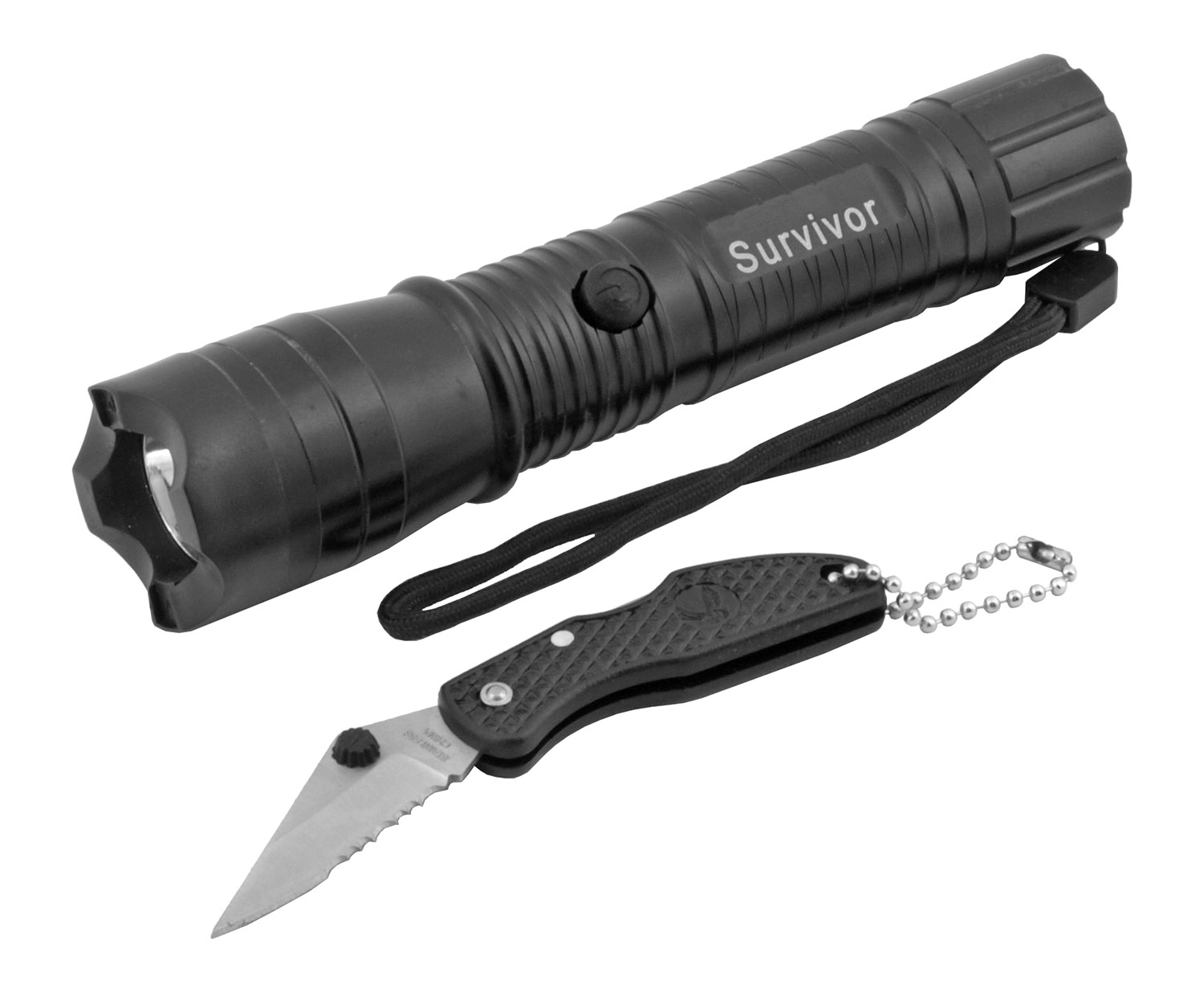 Black Rechargeable Tactical Flashlight with Pocket Knife Combo Pack Refurbished