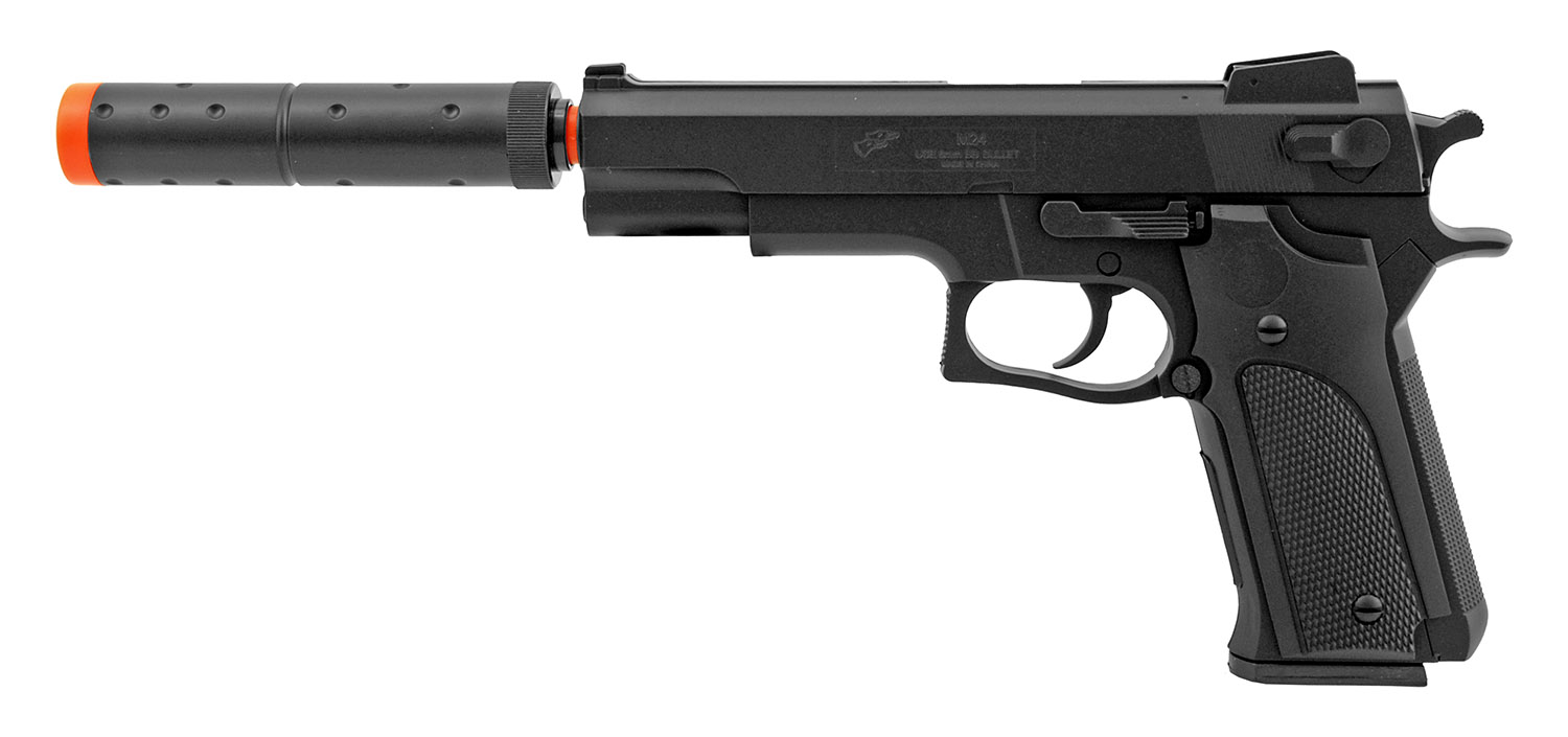 Double Eagle M24 Spring Airsoft Pistol - Black With Barrel Extension, Full Scale