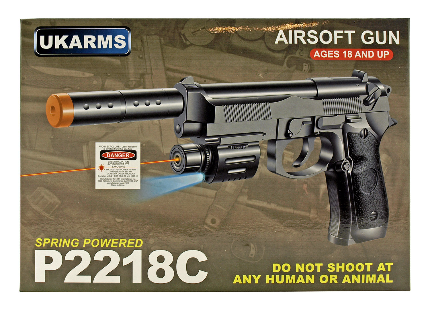UK Arms P2218C Spring Powered Airsoft Handgun with Silencer and Laser Light